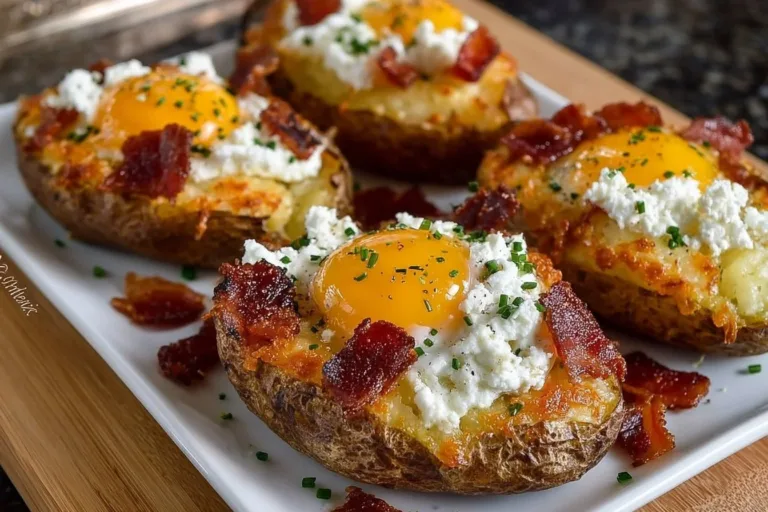 Delicious twice baked loaded breakfast potatoes topped with cheese and bacon