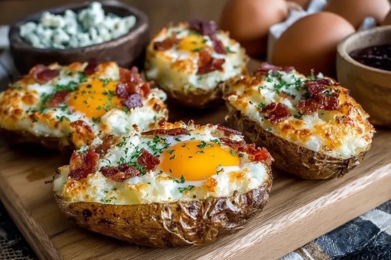 Twice baked loaded breakfast potatoes topped with cheese and herbs.