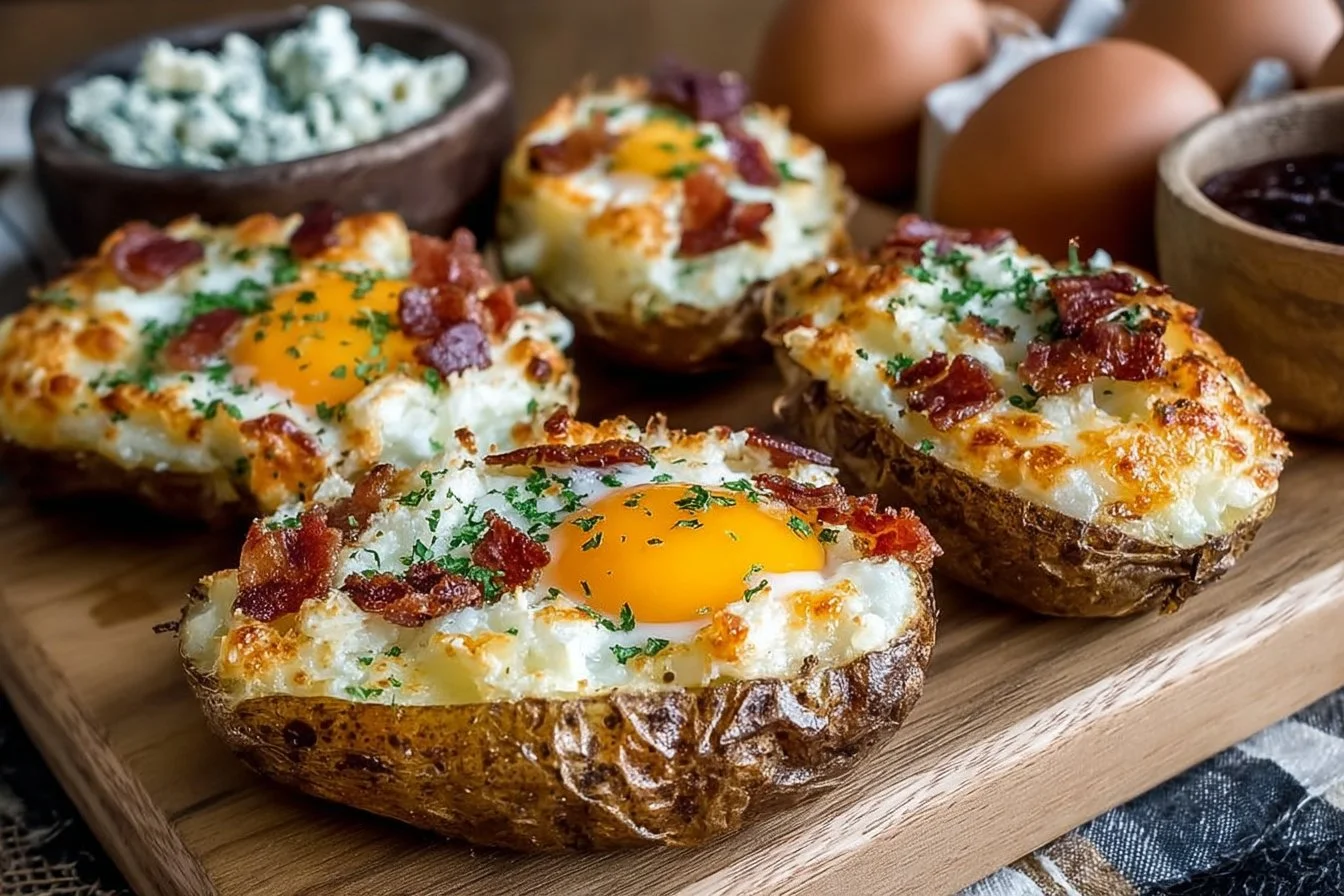 Twice baked loaded breakfast potatoes topped with cheese and herbs.