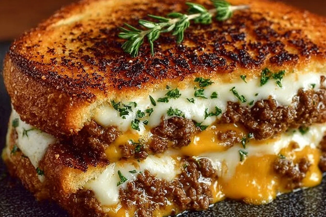 Ultimate Cheesy Ground Beef Melt topped with gooey cheese and savory beef