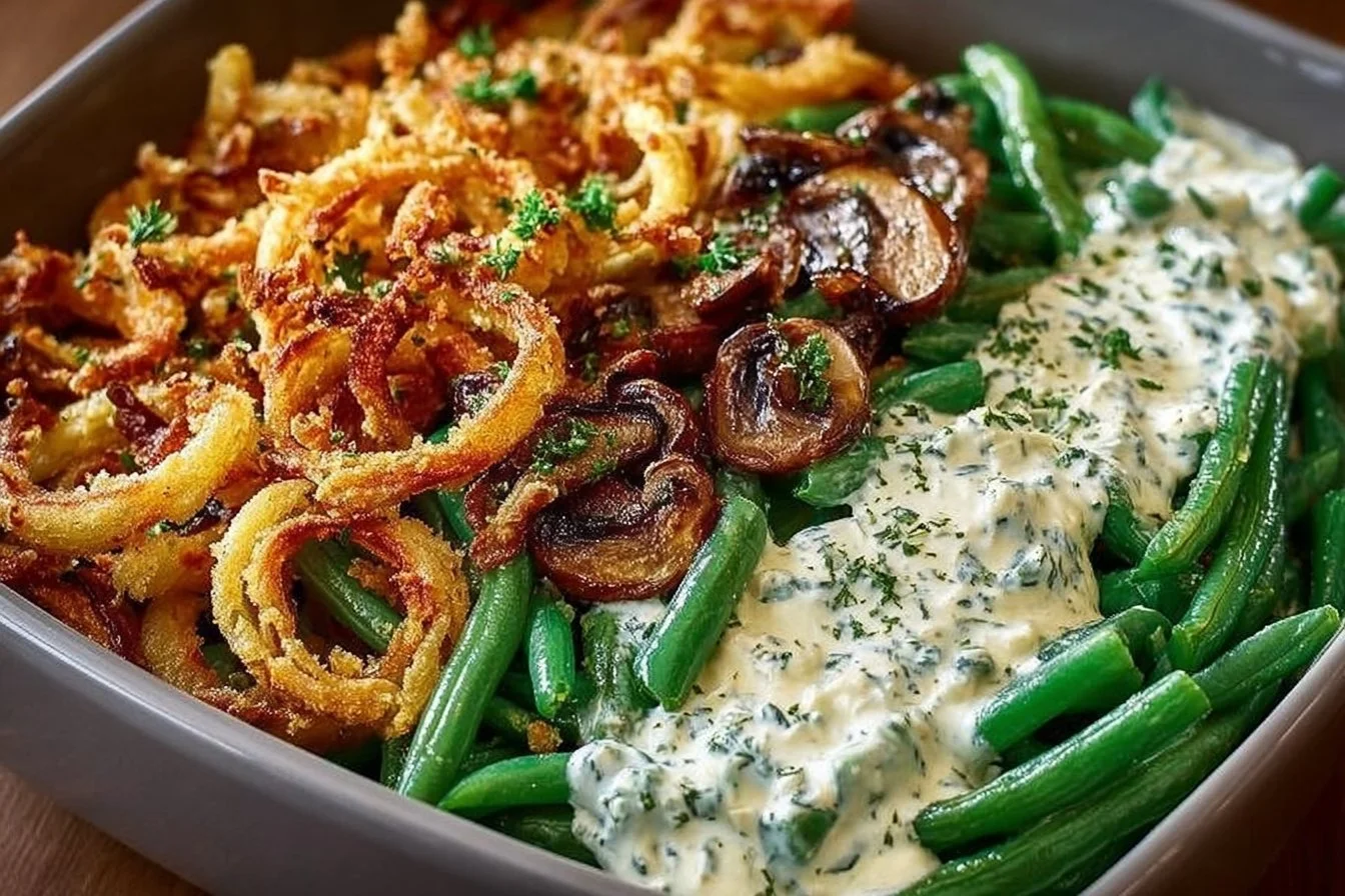 Delicious ultimate green bean casserole topped with crispy onions