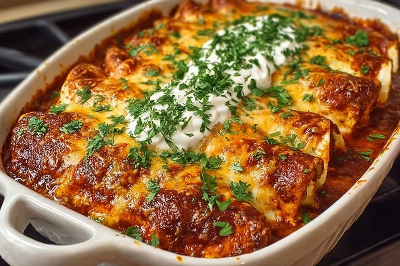 Plate of quick and easy chicken enchiladas topped with cheese and cilantro