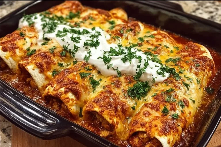 Quick and easy chicken enchiladas topped with cheese and cilantro.