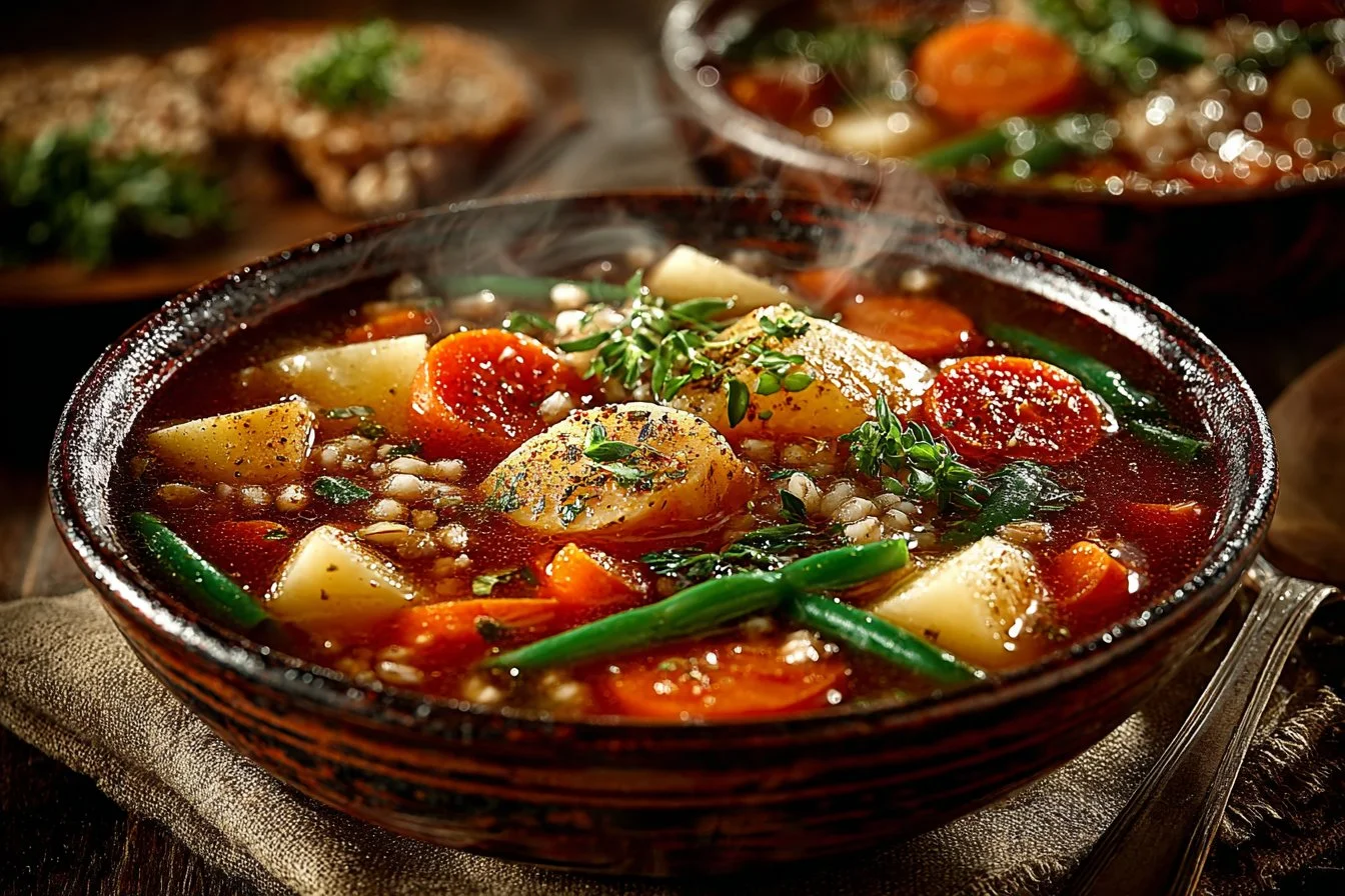 Bowl of ultimate vegetable barley soup with fresh vegetables and barley