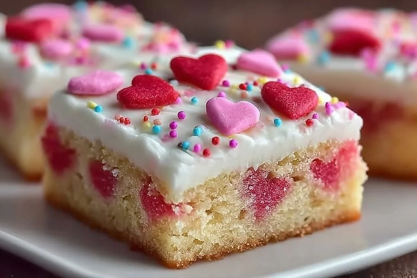 Delicious Valentine Sugar Cookie Bars decorated with hearts and sprinkles