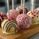 Valentine's Day themed Oreo Pops, decorated with hearts and sprinkles.