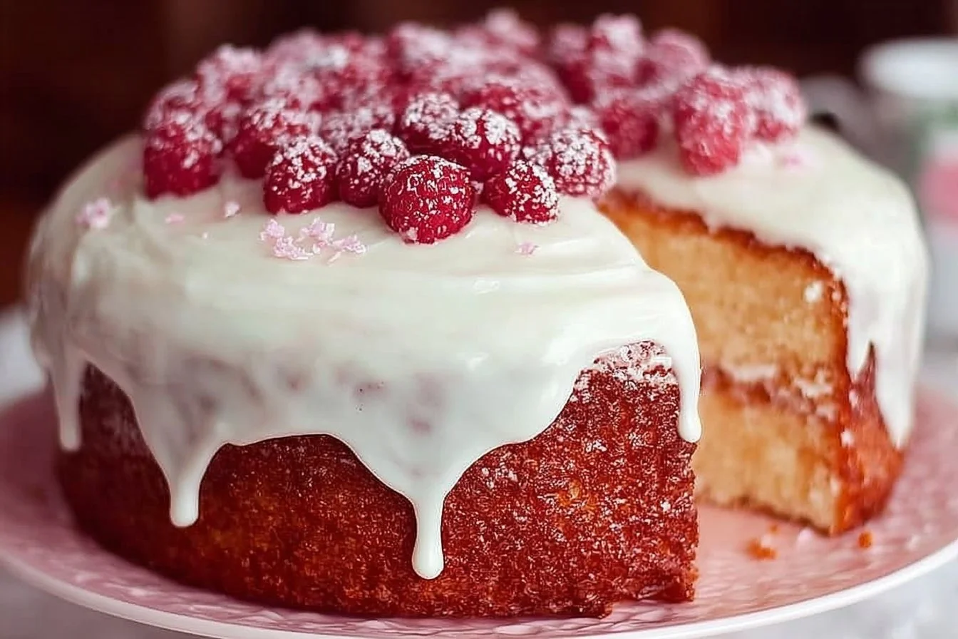 A slice of moist Vanilla Bean Cake topped with cream and fresh berries.