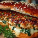 White Cheddar and Spinach Chicken Burgers ready to serve