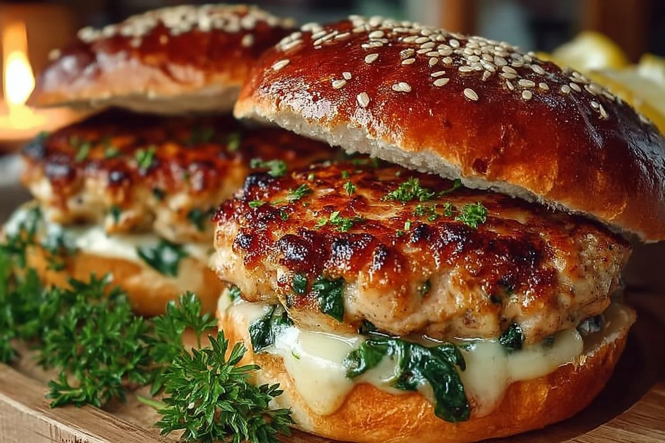 White Cheddar and Spinach Chicken Burgers ready to serve