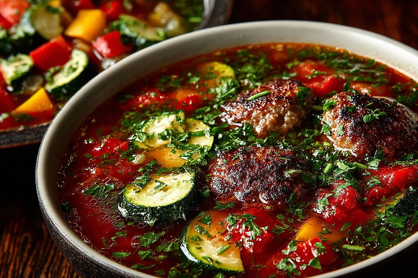 A bowl of zucchini tomato Italian sausage soup garnished with fresh herbs.
