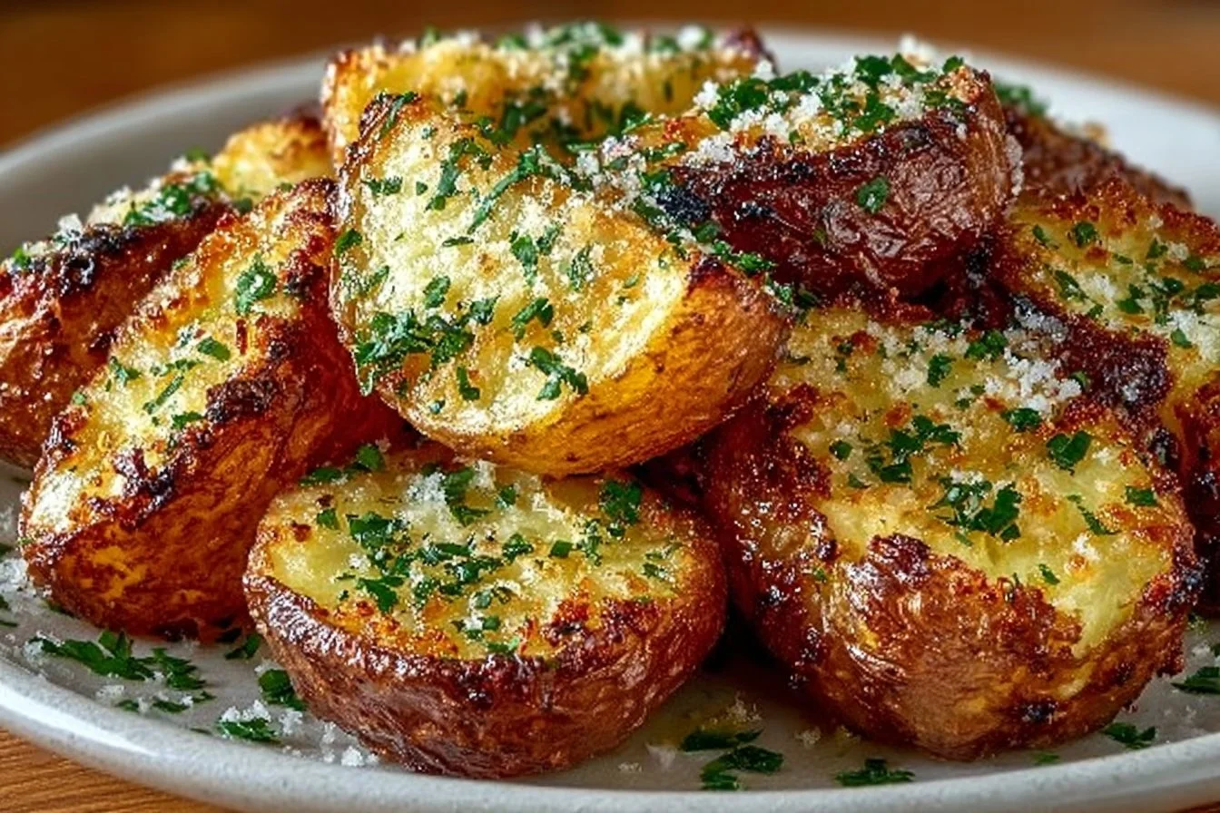 Air fryer baked garlic parmesan potatoes on a plate with herbs