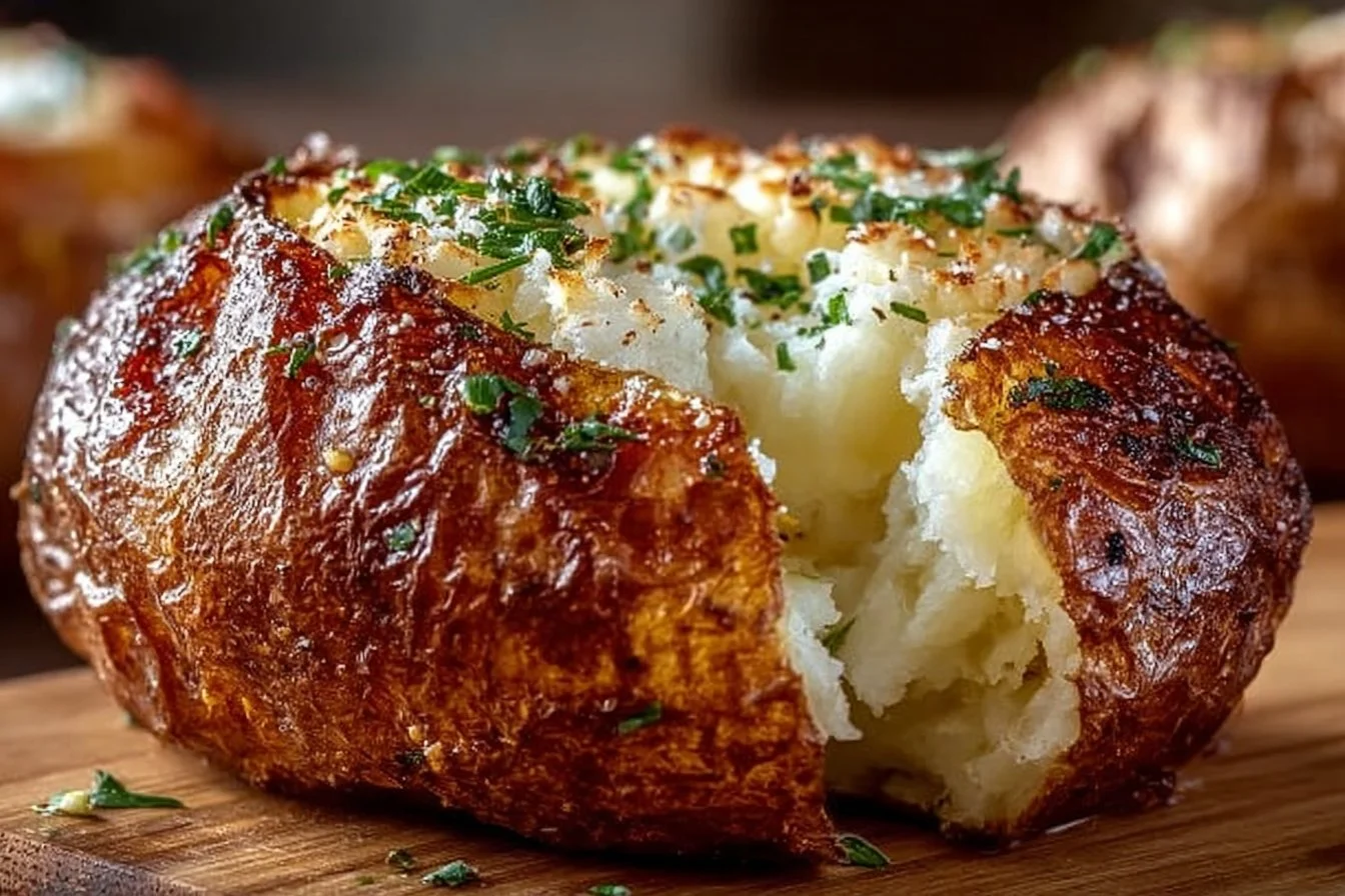 Crispy Air Fryer Baked Potato with fluffy interior served on a plate
