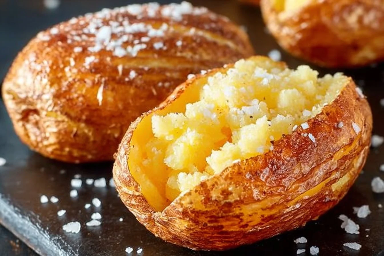 Crispy air fryer baked potatoes garnished with herbs and butter