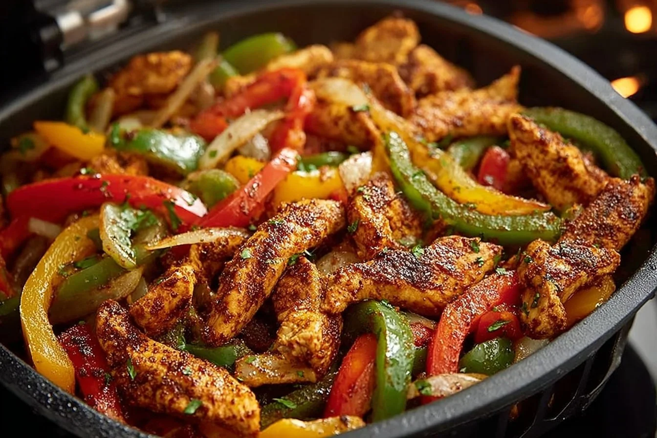 Air fryer chicken fajitas served with peppers and tortilla wraps