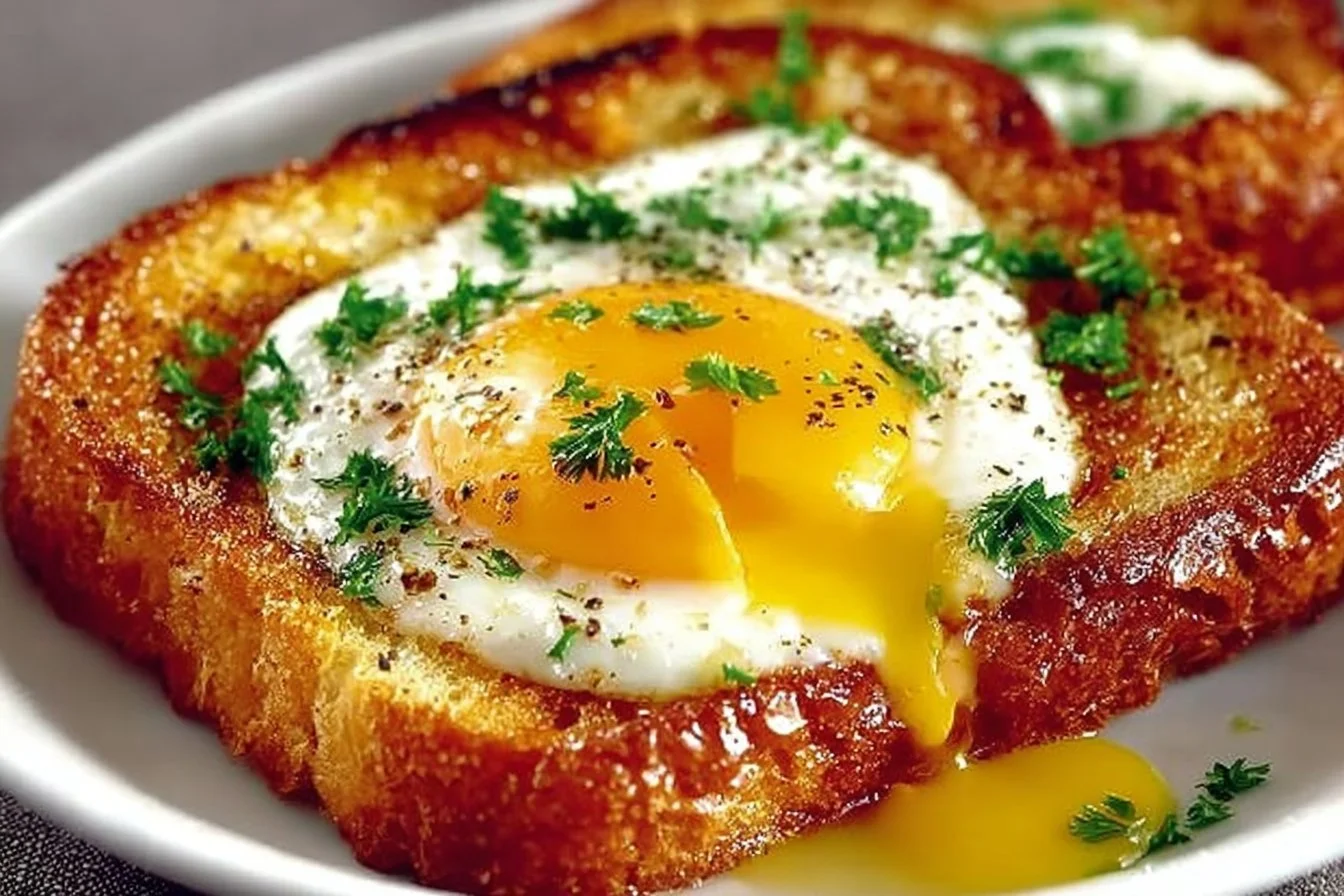 Air fryer egg toast served on a plate with a fresh garnish