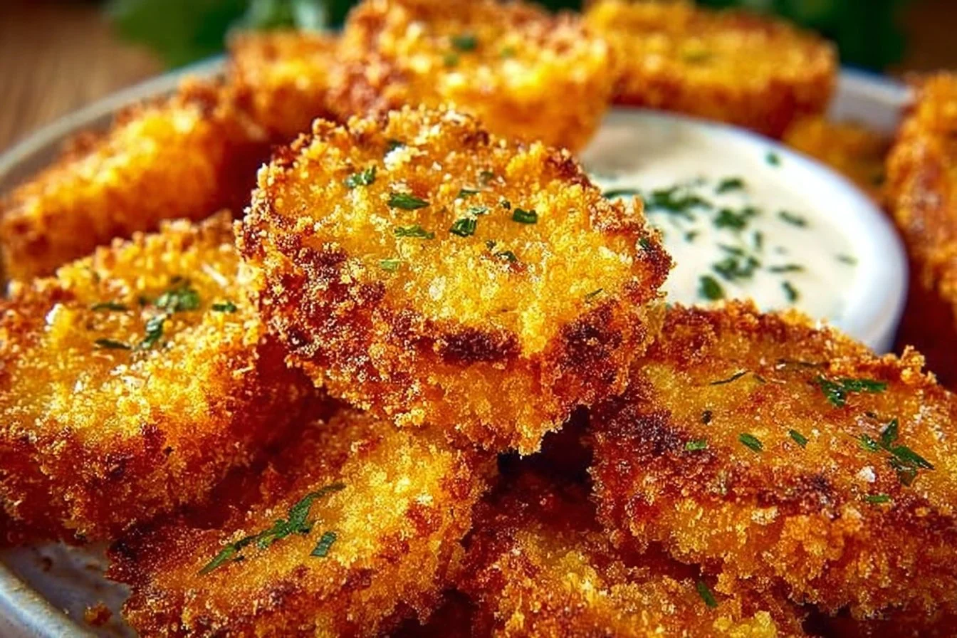 Crispy air fryer fried pickles on a plate with dipping sauce