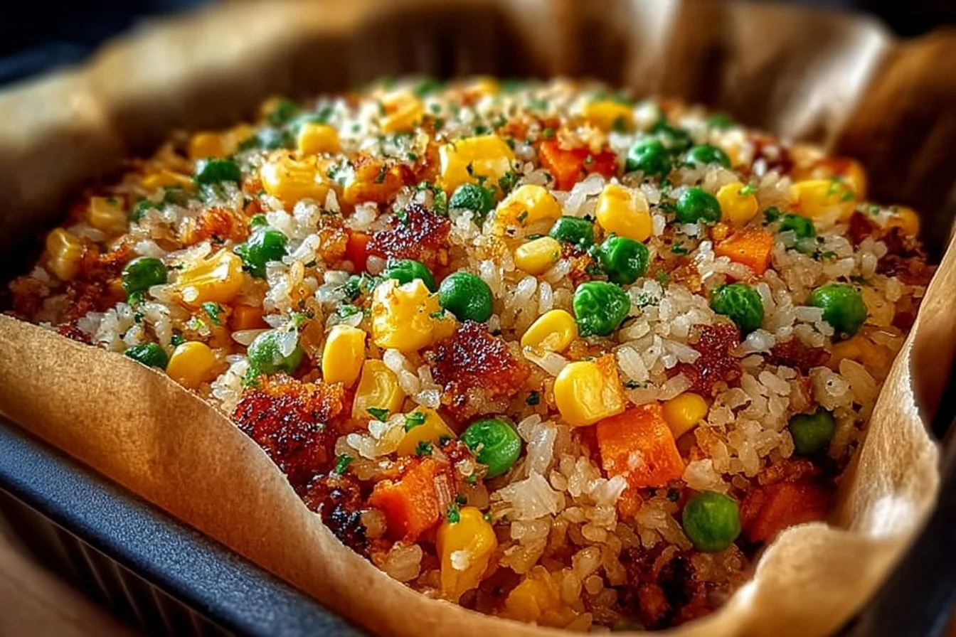 Delicious Air Fryer Fried Rice served in a bowl with fresh ingredients