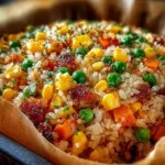 Air fryer fried rice dish served in a bowl with vegetables and eggs