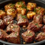 Air Fryer Garlic Butter Steak Bites served on a plate with herbs