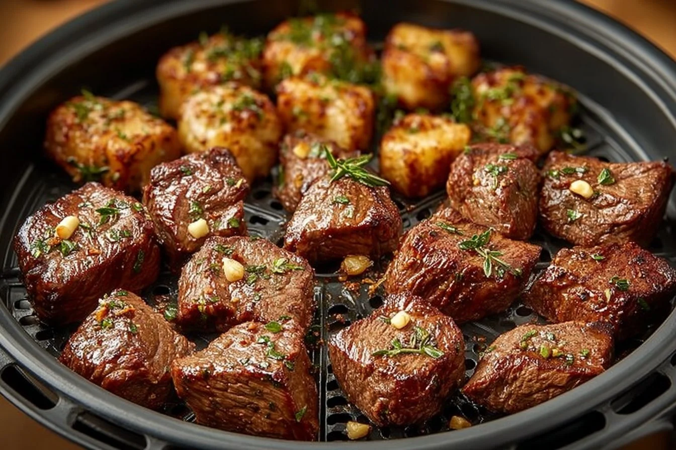 Air Fryer Garlic Butter Steak Bites served on a plate with herbs
