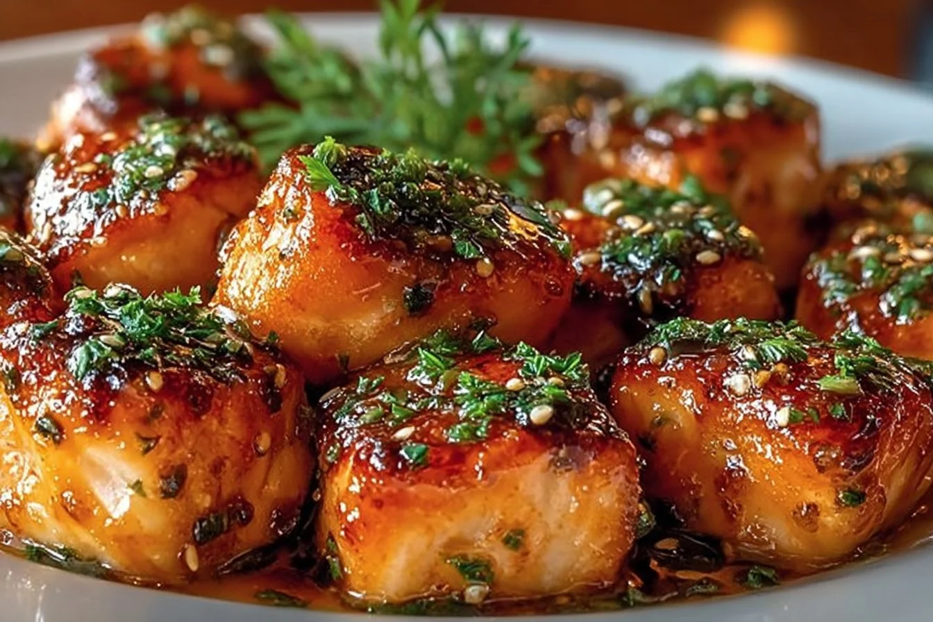 Delicious Air Fryer Honey Garlic Salmon Bites served on a plate.