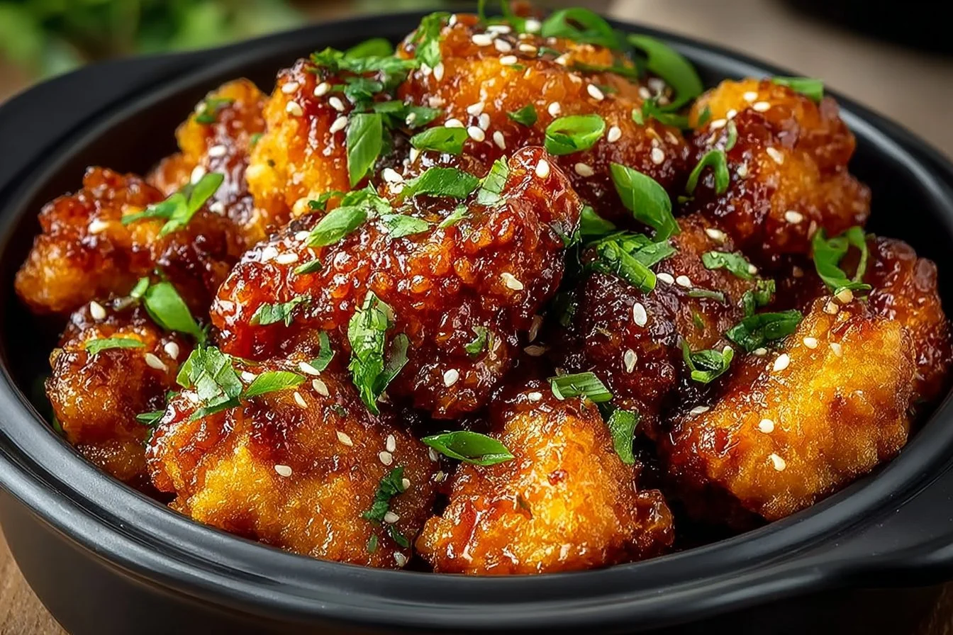 Delicious Air Fryer Orange Chicken served with rice and garnished with green onions