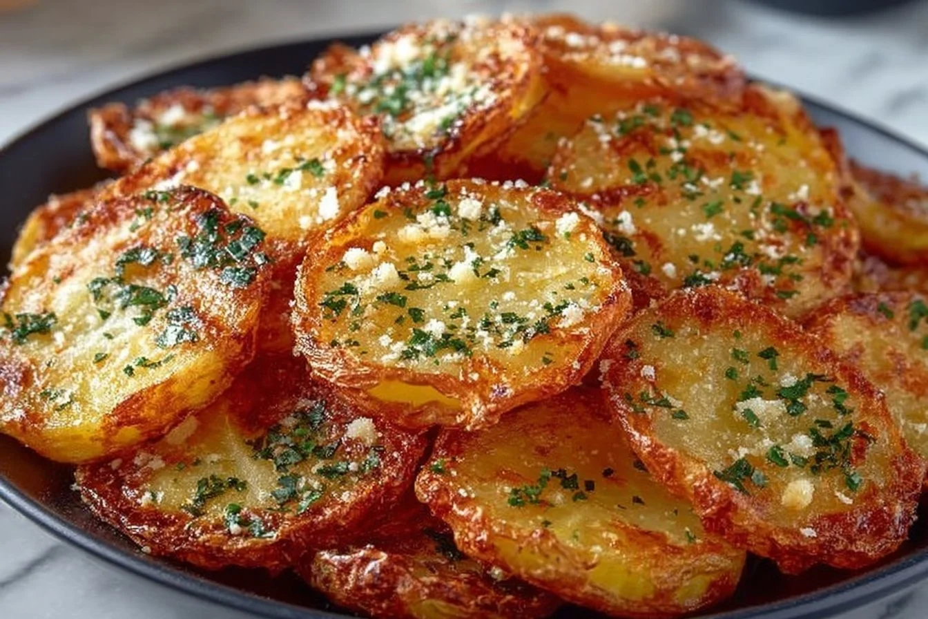 Crispy air fryer sliced potatoes ready to serve as a delicious side dish