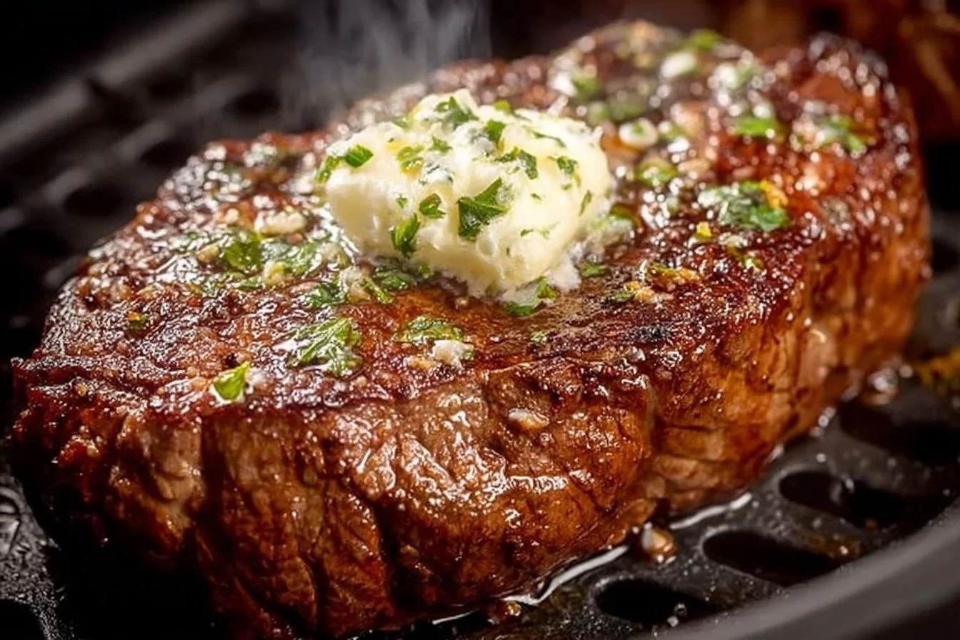 Juicy air fryer steak cooked to perfection on a plate