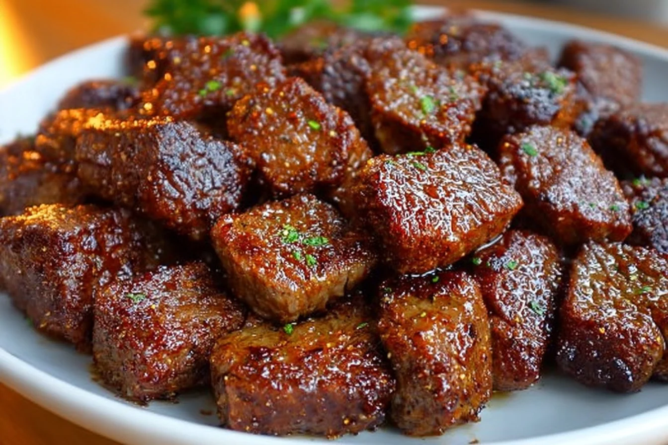 Air fryer steak bites cooked to perfection and served with dipping sauce.
