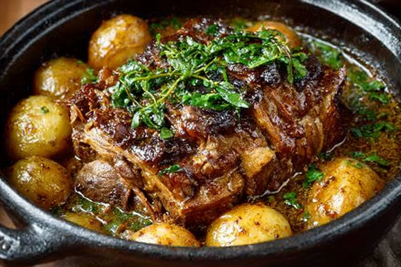 Delicious apple cider-braised pork shoulder served with fresh herbs and sides.