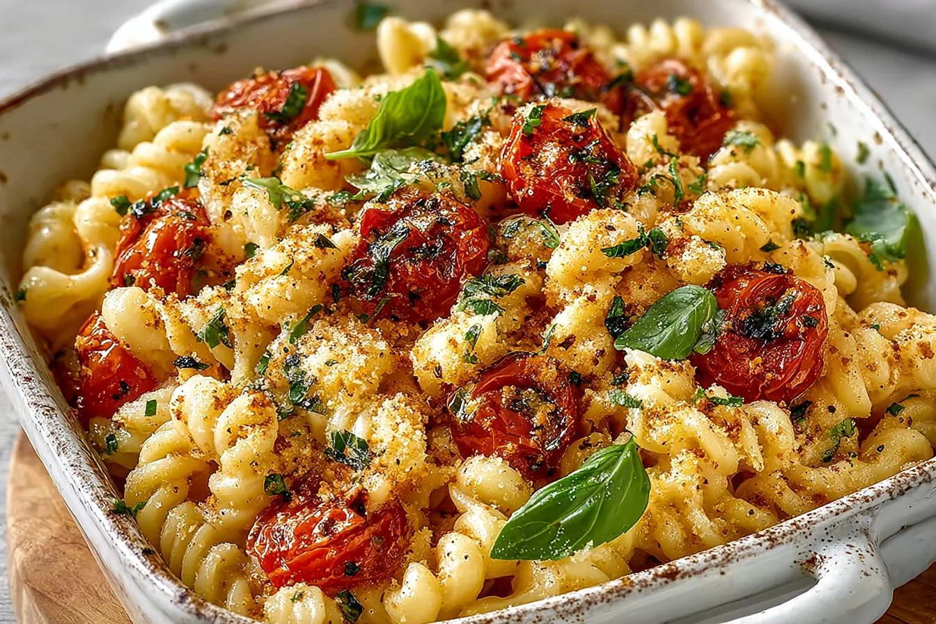 Delicious baked feta pasta with tomatoes and herbs in a ceramic dish
