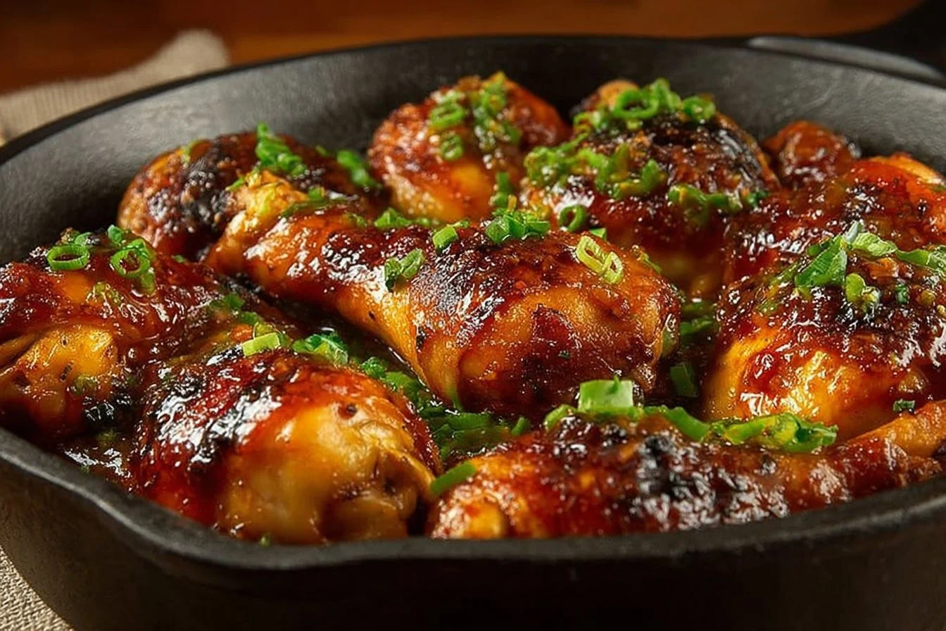 Baked Honey Garlic Chicken served with rice and vegetables on a plate.