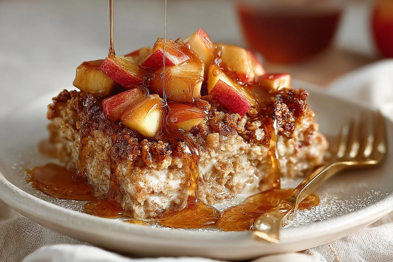 Baked oatmeal with apples and cinnamon in a bowl, healthy breakfast option.