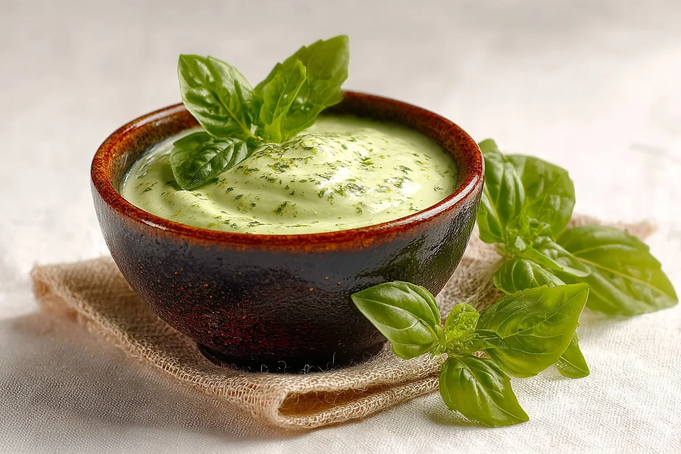 Basil Aioli served in a bowl with fresh basil leaves for garnish.