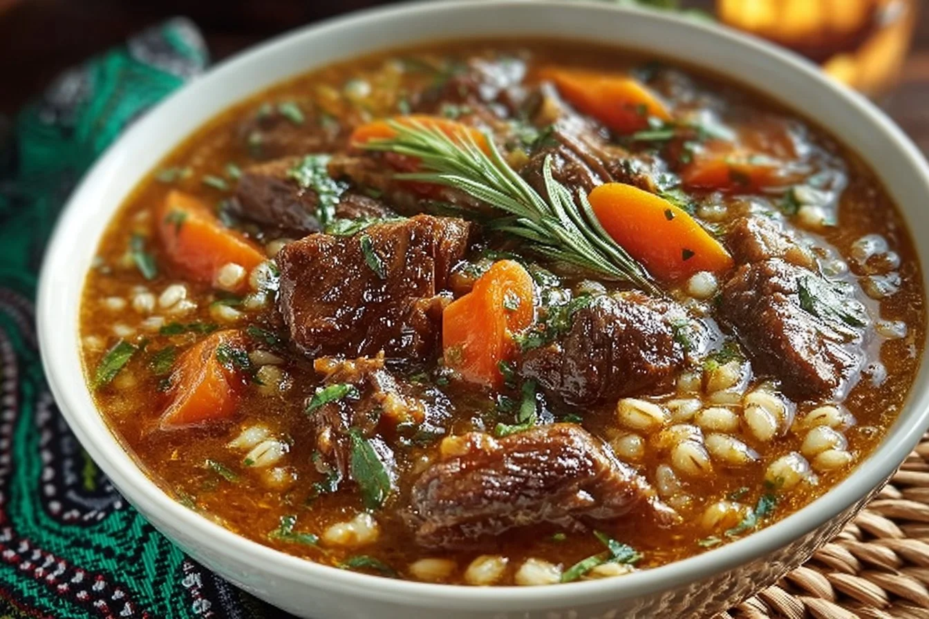 A bowl of hearty Beef and Barley Soup with vegetables and tender beef