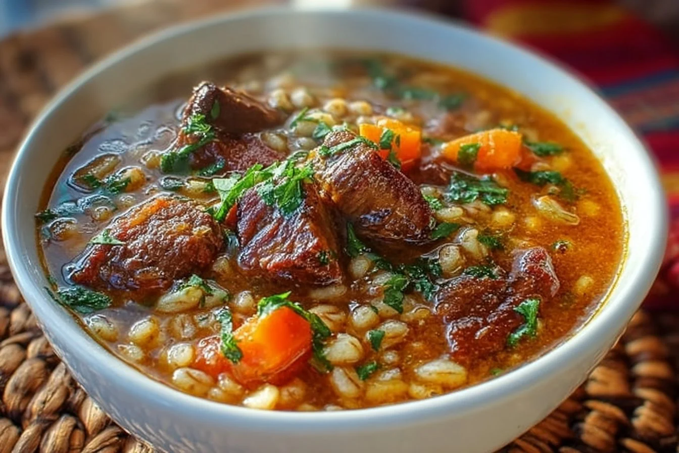 A bowl of hearty beef barley soup with vegetables and tender beef chunks