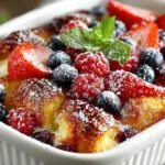 Delicious Berry Croissant Bake topped with fresh berries and cream