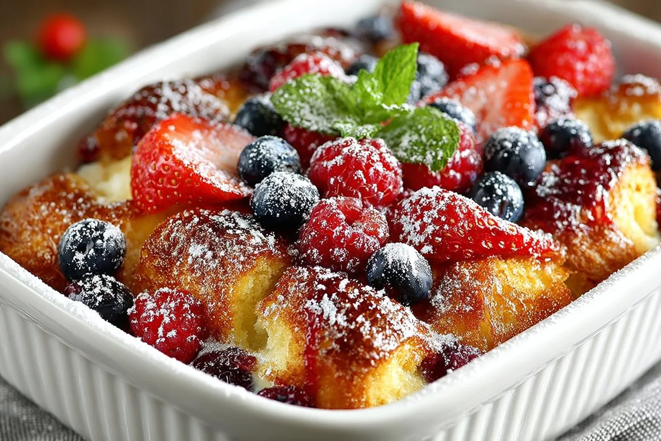 Delicious Berry Croissant Bake topped with fresh berries and cream