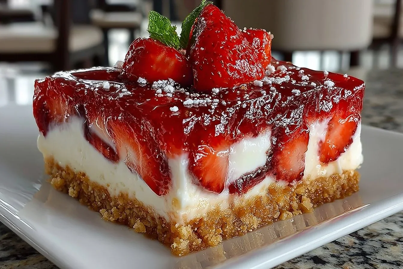 Delicious strawberry pretzel dessert served on a plate.