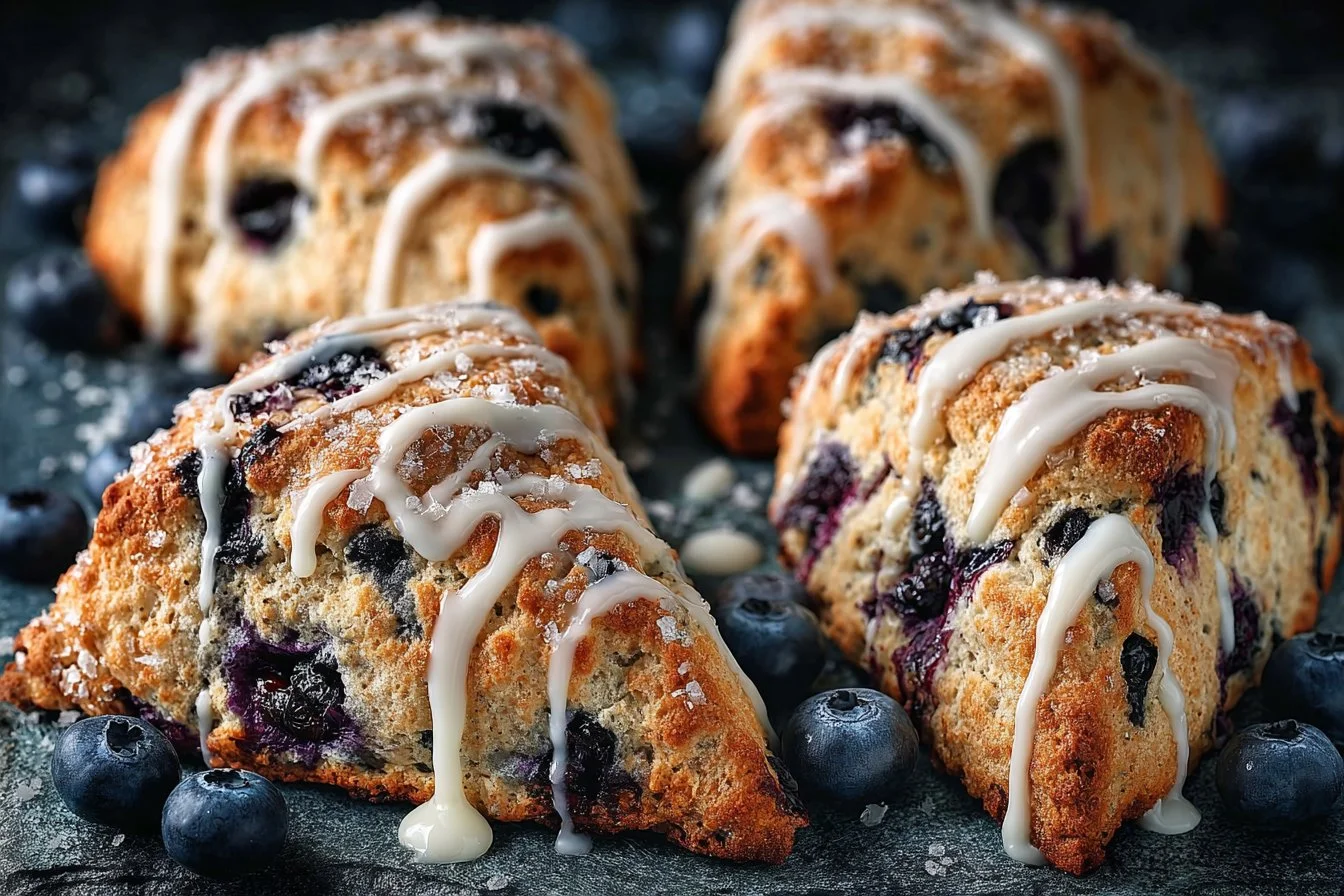 Delicious sourdough blueberry lemon scones on a rustic table