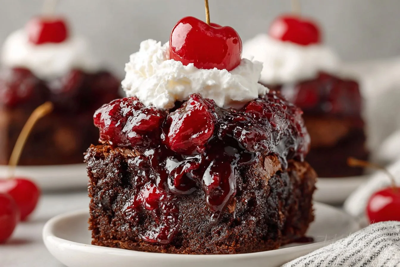 Delicious Black Forest Brownies topped with cherries and whipped cream.