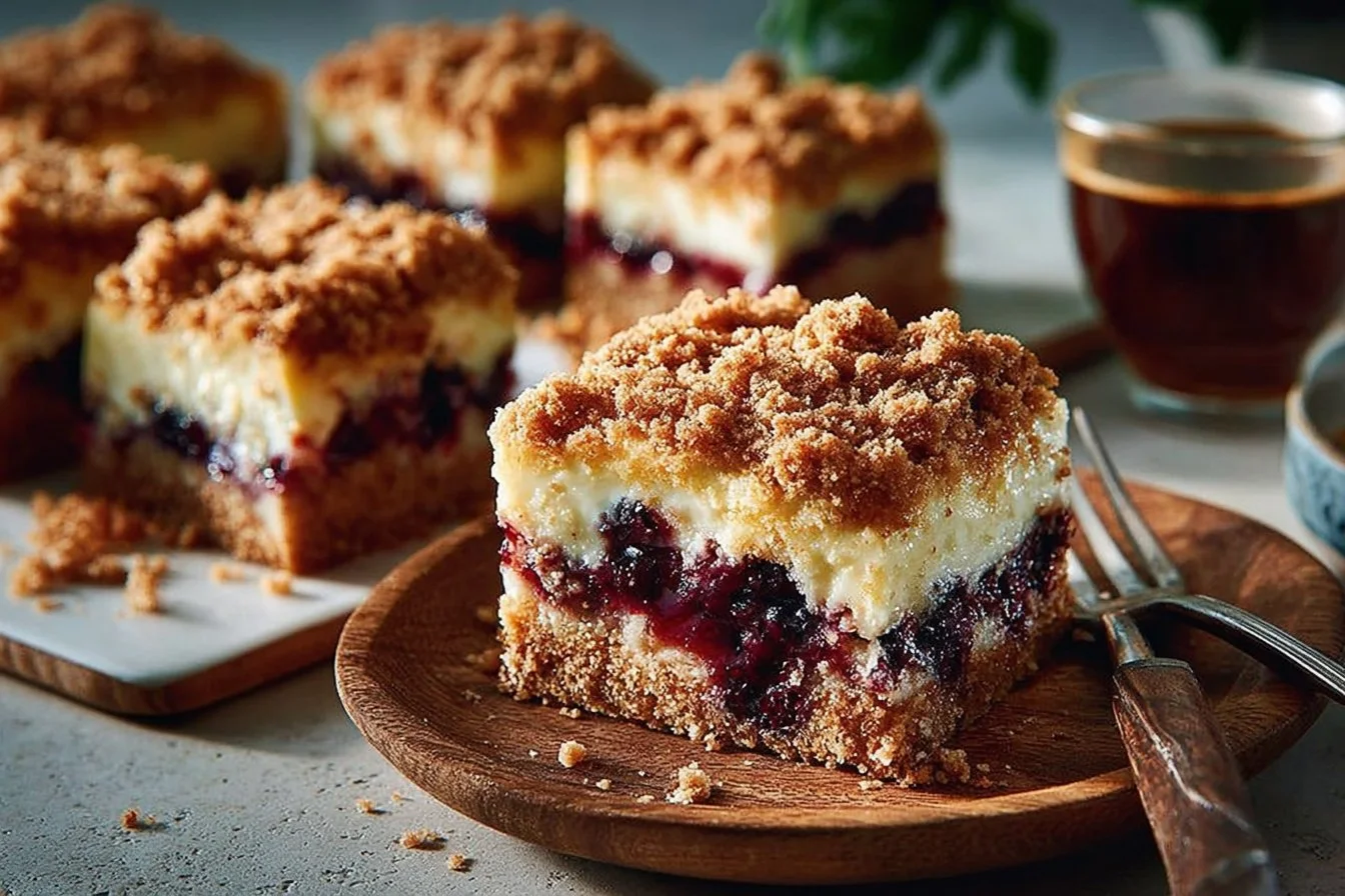 Blueberry buckle coffee cake fresh out of the oven with a crumbly topping