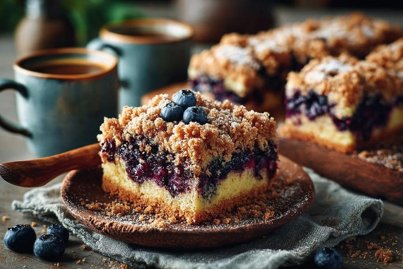 A slice of blueberry buckle coffee cake topped with crumbly streusel and fresh blueberries.