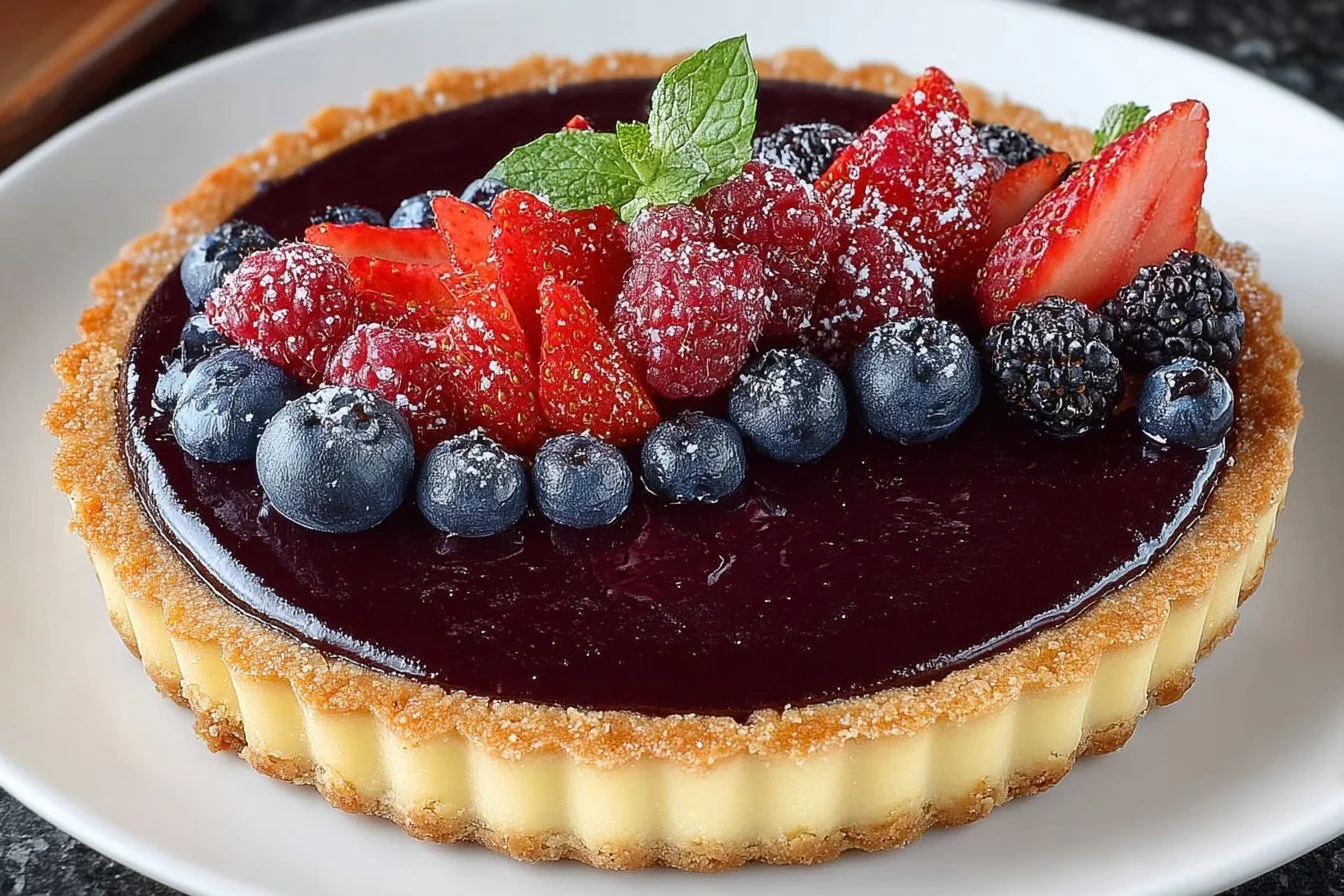 Delicious blueberry curd tart garnished with fresh blueberries and whipped cream.