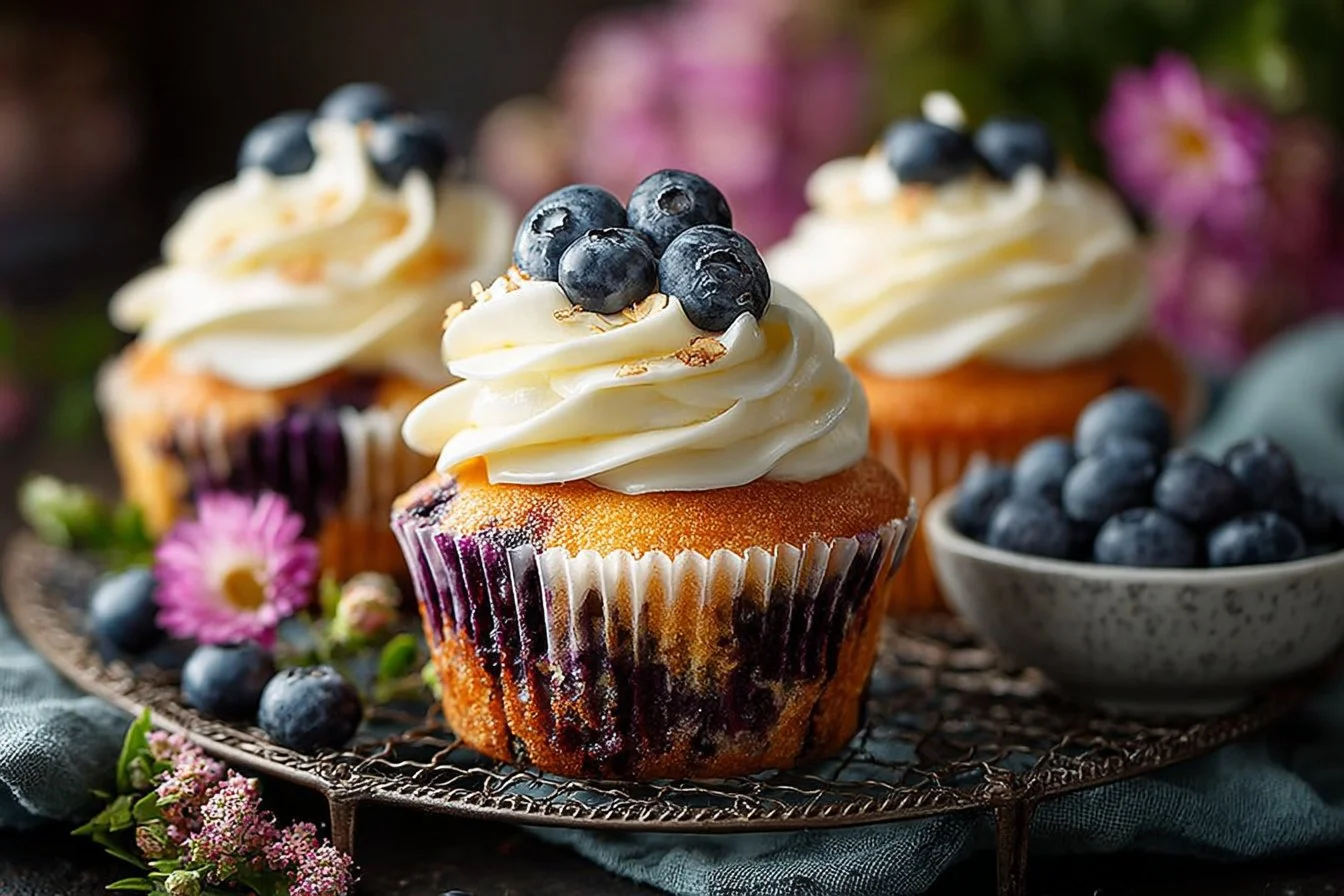 Freshly baked blueberry lemon muffins cooling on a wire rack