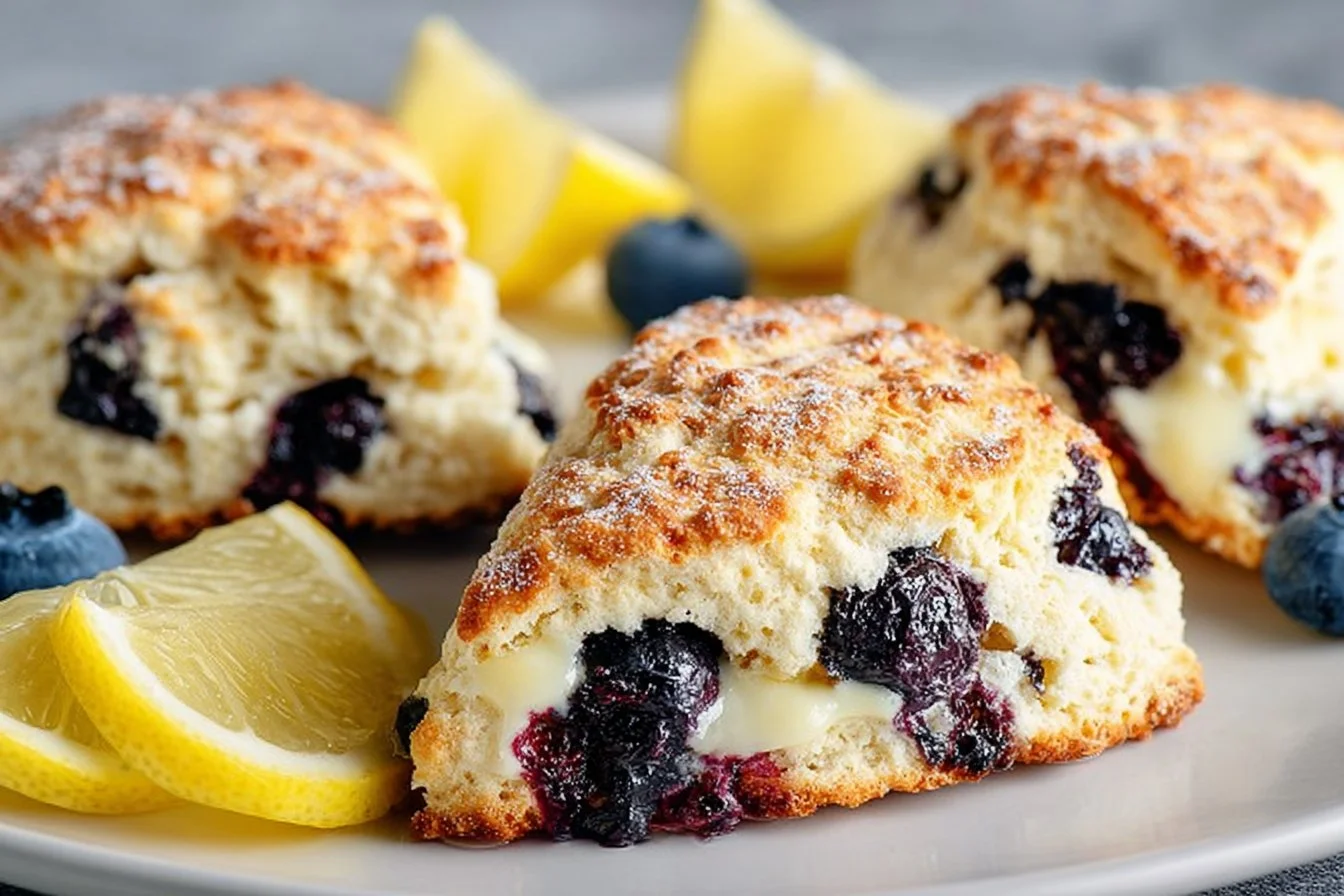 Blueberry lemon scones made with sourdough discard on a rustic table