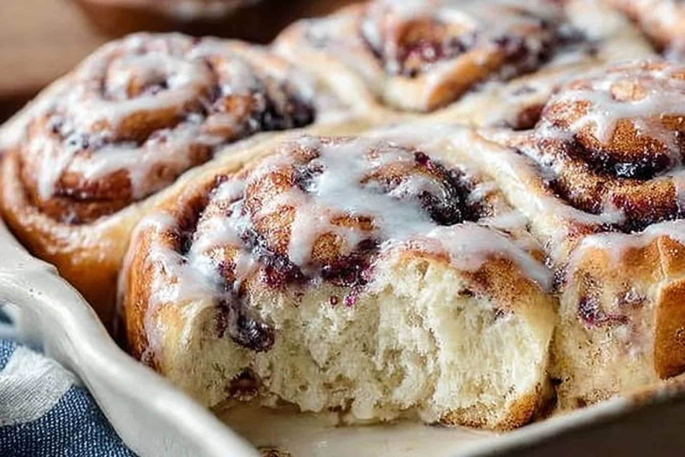 Freshly baked blueberry sourdough sweet rolls on a cooling rack.