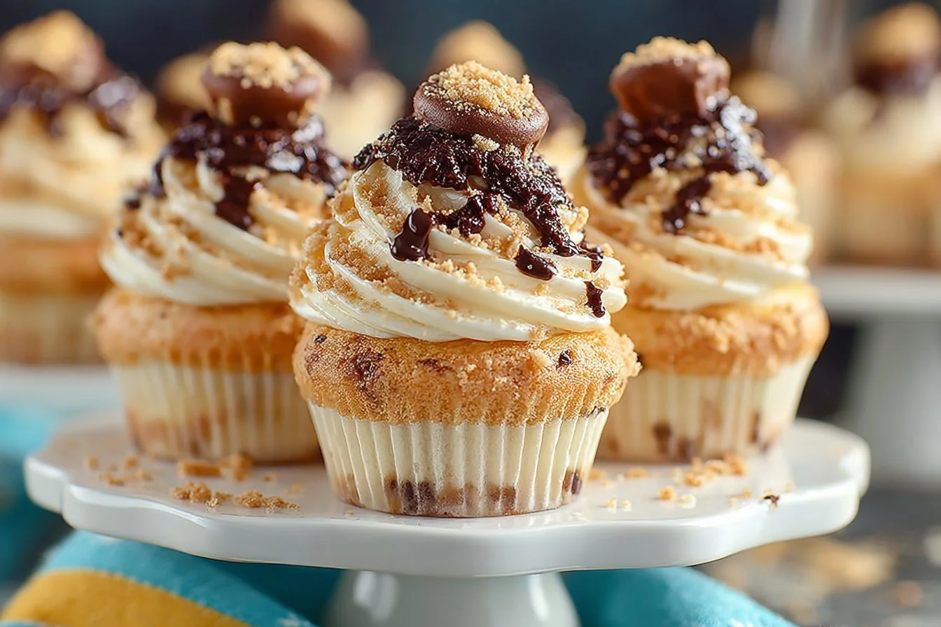 Delicious Butterfinger Cupcakes topped with creamy frosting and crushed Butterfinger candy