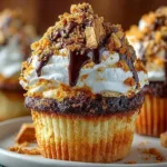 Delicious Butterfinger Cupcakes topped with chocolate frosting and candy bits
