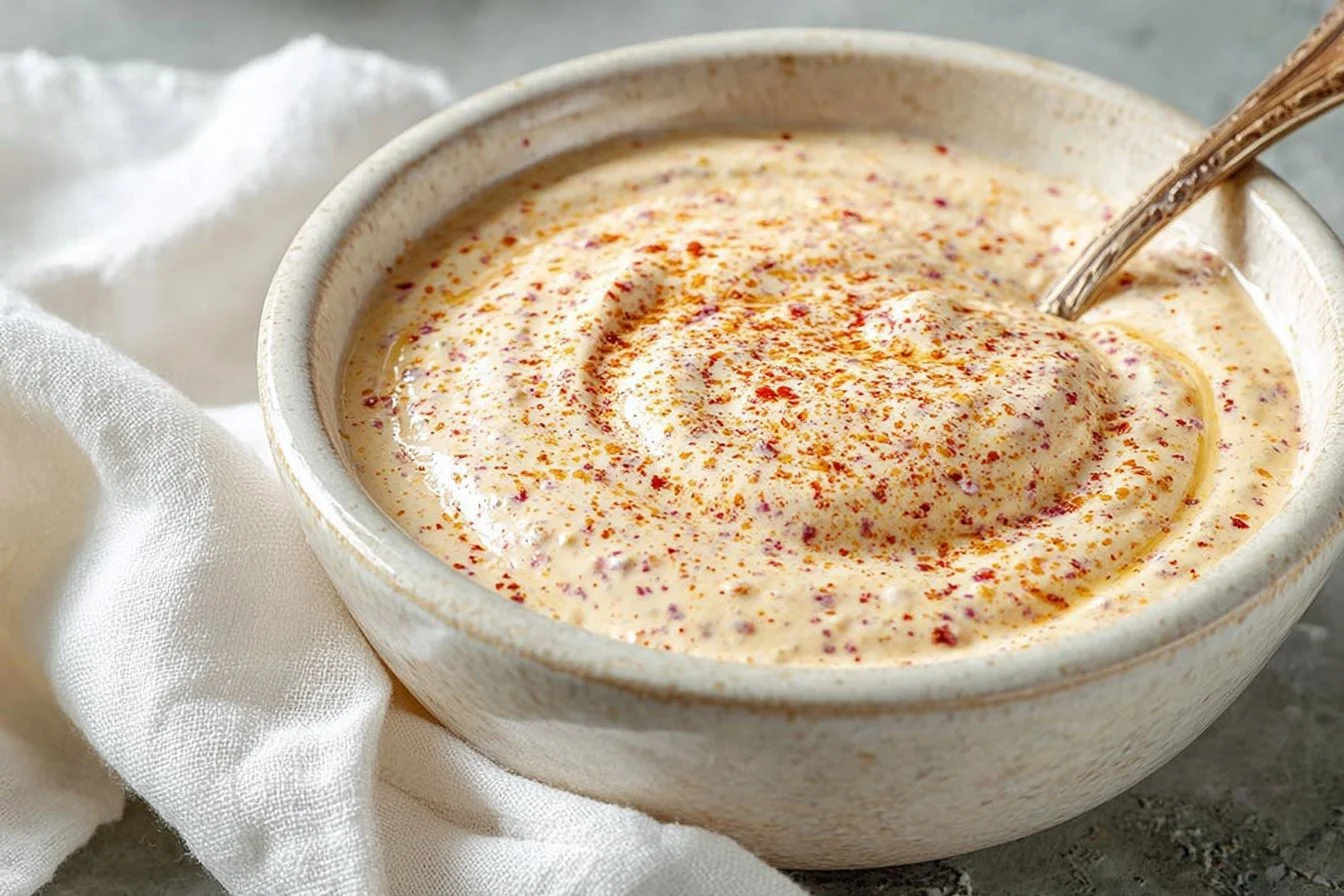 Bowl of Cajun Aioli sauce with spices and herbs, perfect for dipping.